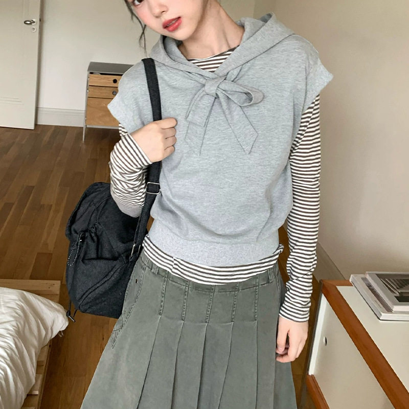 韩系复古蝴蝶结连帽卫衣马甲女秋新款设计感叠穿上衣
