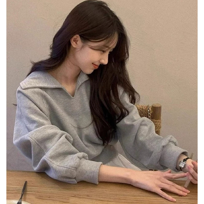 美式复古灰色翻领卫衣女秋季高级感宽松显瘦休闲百搭V领短款上衣