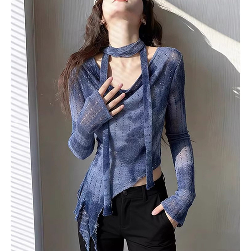 独特漂亮扎染蓝色长袖t恤女春装2026年新款飘带挂脖巨好看的上衣
