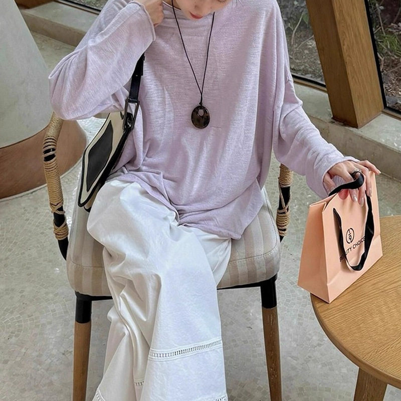 紫色长袖防晒t恤罩衫女夏季吊带外搭宽松亚麻上衣薄纱空调衫