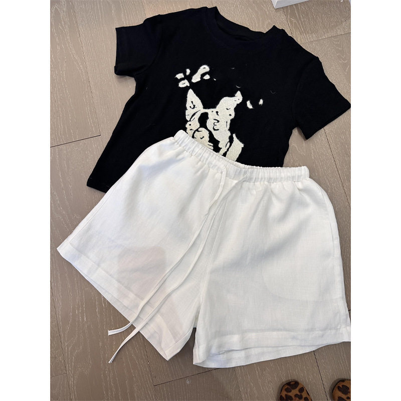 白色韩版休闲亚麻阔腿短裤女夏季美式宽松运动设计感百搭直筒热裤