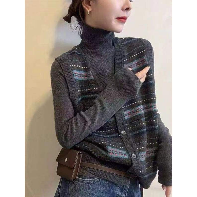 复古条纹针织马甲女开衫V领纽扣背心百搭叠穿打底衫上衣秋季新款