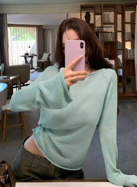 温柔风薄荷绿薄款针织衫女早秋宽松喇叭袖微透氛围感套头长袖上衣