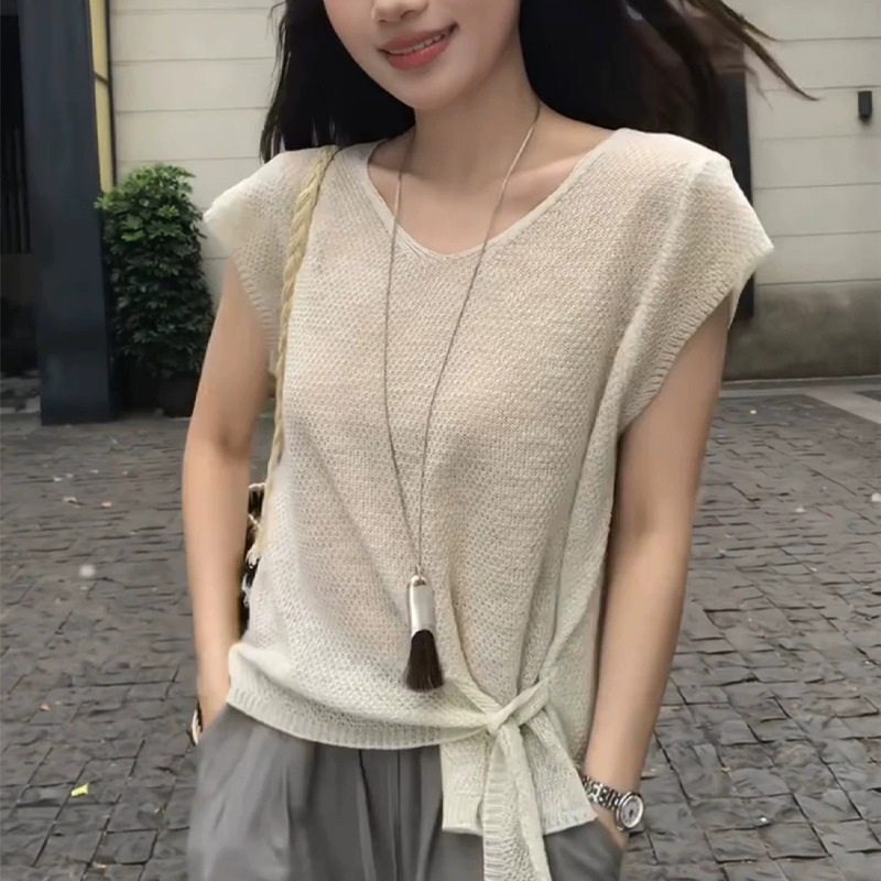 韩系chic别致杏色针织短袖T恤女夏季独特漂亮不规则绑带掐腰上衣