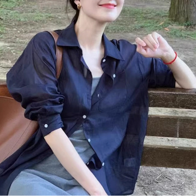 藏青色冰丝防晒衬衫女夏季薄款小个子宽松休闲衬衣开衫亚麻上衣