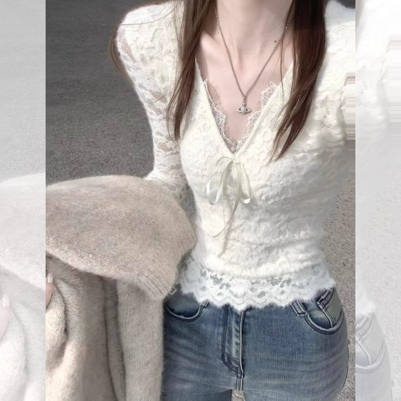 秋冬V领蕾丝打底衫女春秋叠穿皮草内搭小衫独特漂亮上衣