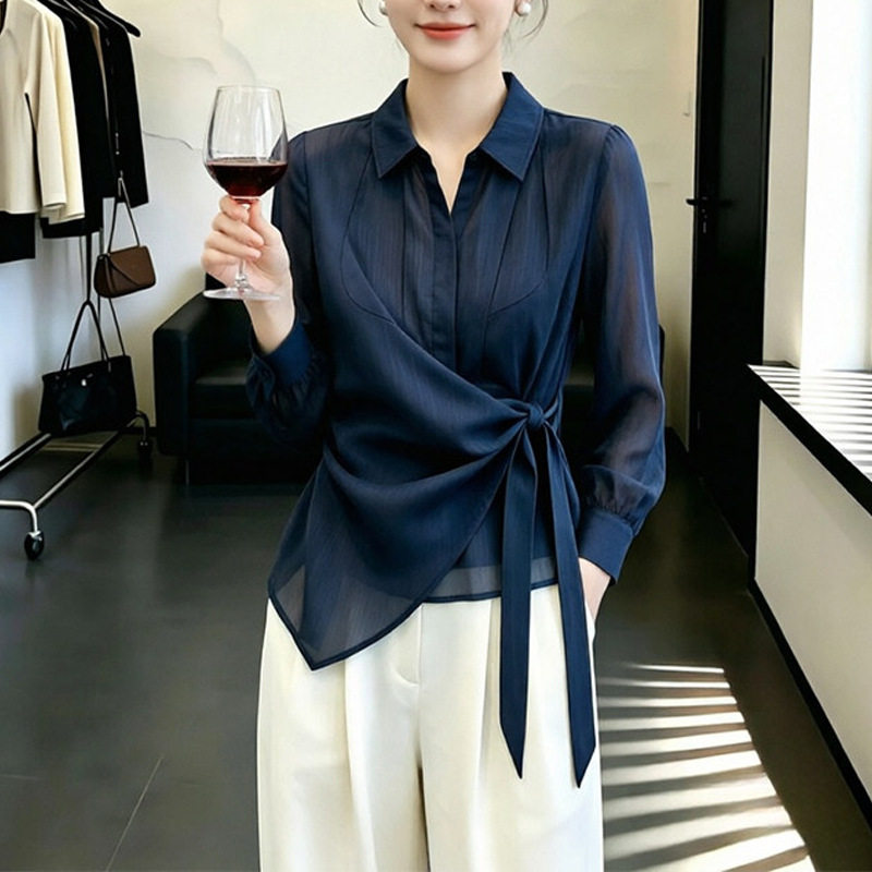 时尚翻领系带长袖衬衫女士早秋新款不对称上衣巨好看显瘦减龄小衫