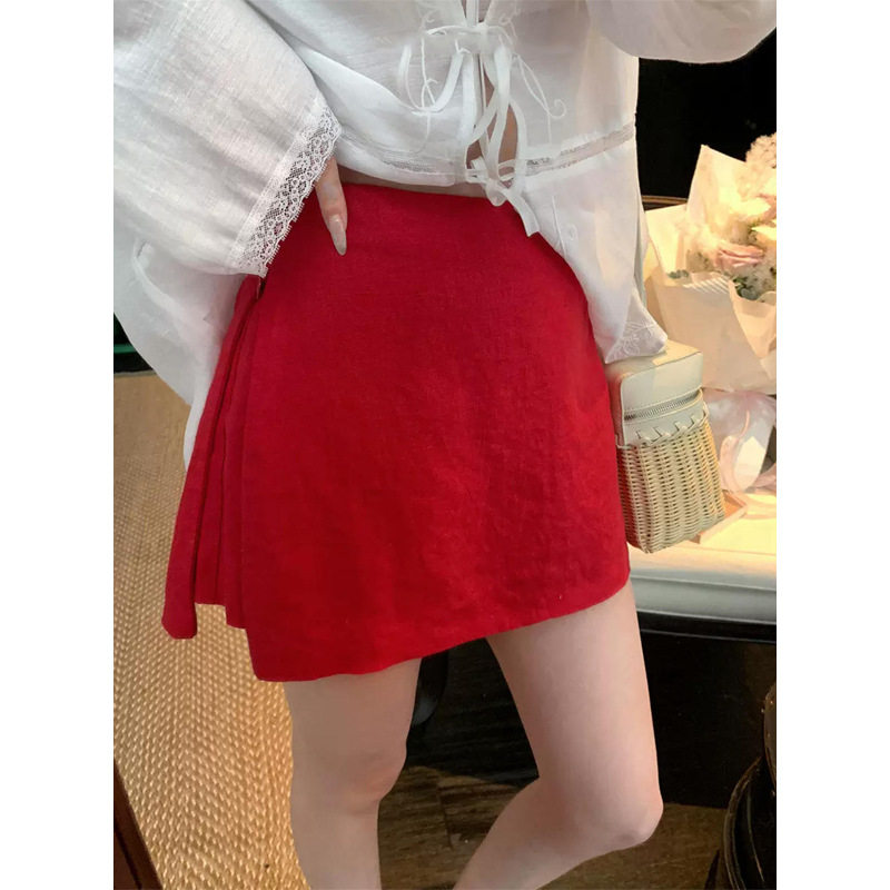复古红色亚麻半身裙女夏设计感小众高腰A字裙大码休闲开叉短裙裤
