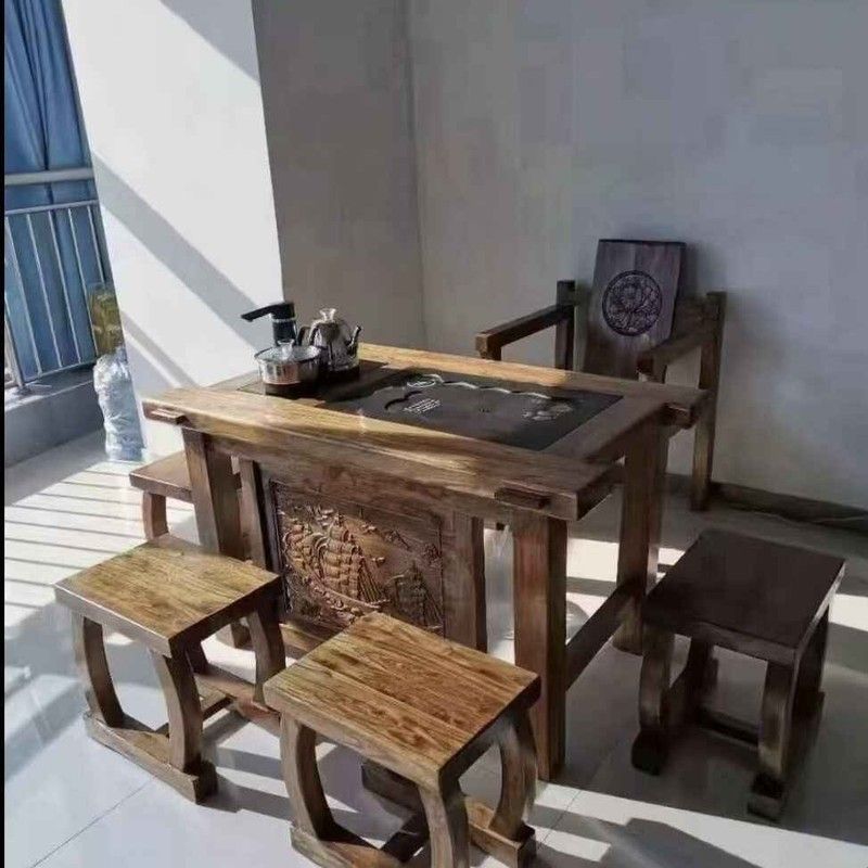 北方榆木招财进宝茶道桌椅组合小户型客厅新中式阳台实木茶台茶几