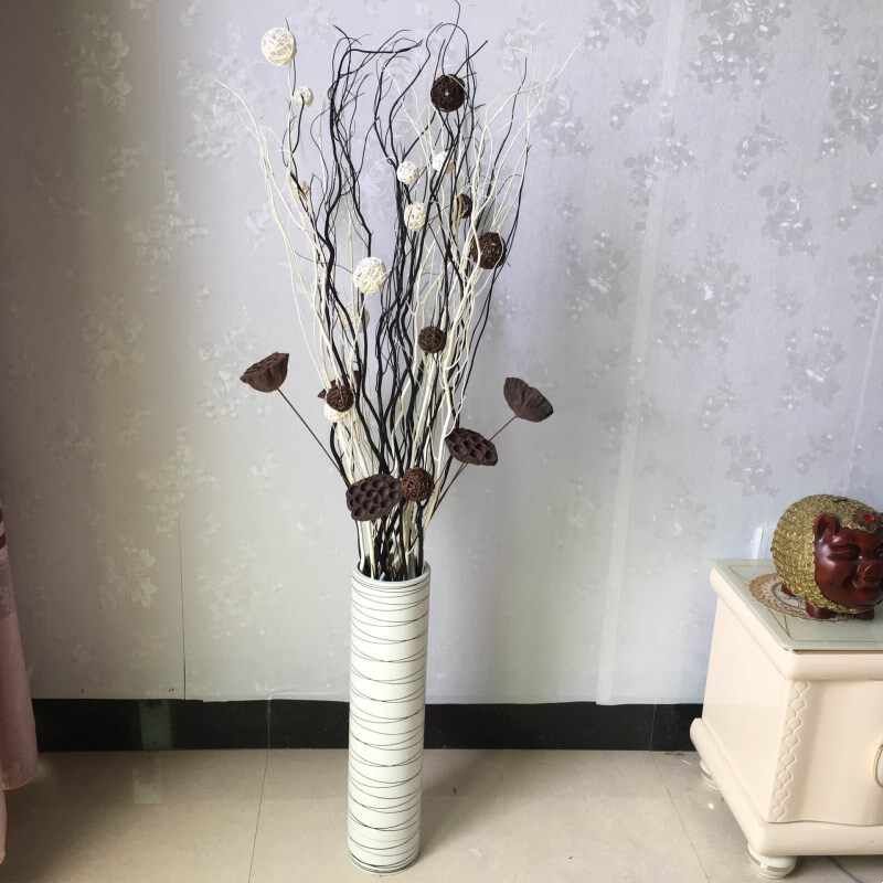 干花干枝客厅落地装饰花龙柳干枝藤球黑白色插花欧式风格花瓶套装