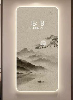 新中式创意玄关走廊过道装饰画LED灯带钟表电子钟高级感墙壁挂画