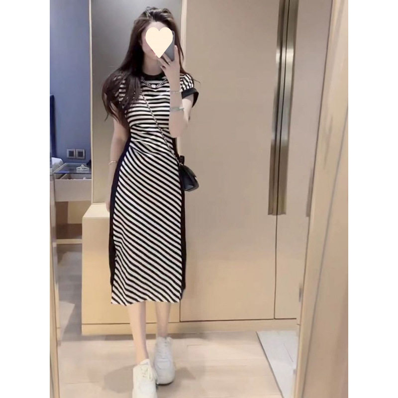 法式新款黑白斜条纹圆领连衣裙女2025夏季修身收腰包臀开叉裙子