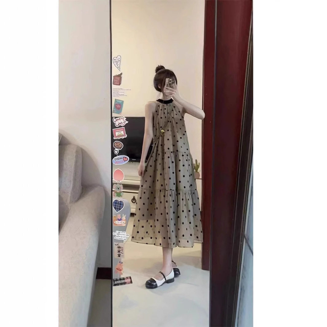 波点吊带连衣裙女夏季新款荷叶边中长裙宽松挂脖连衣裙