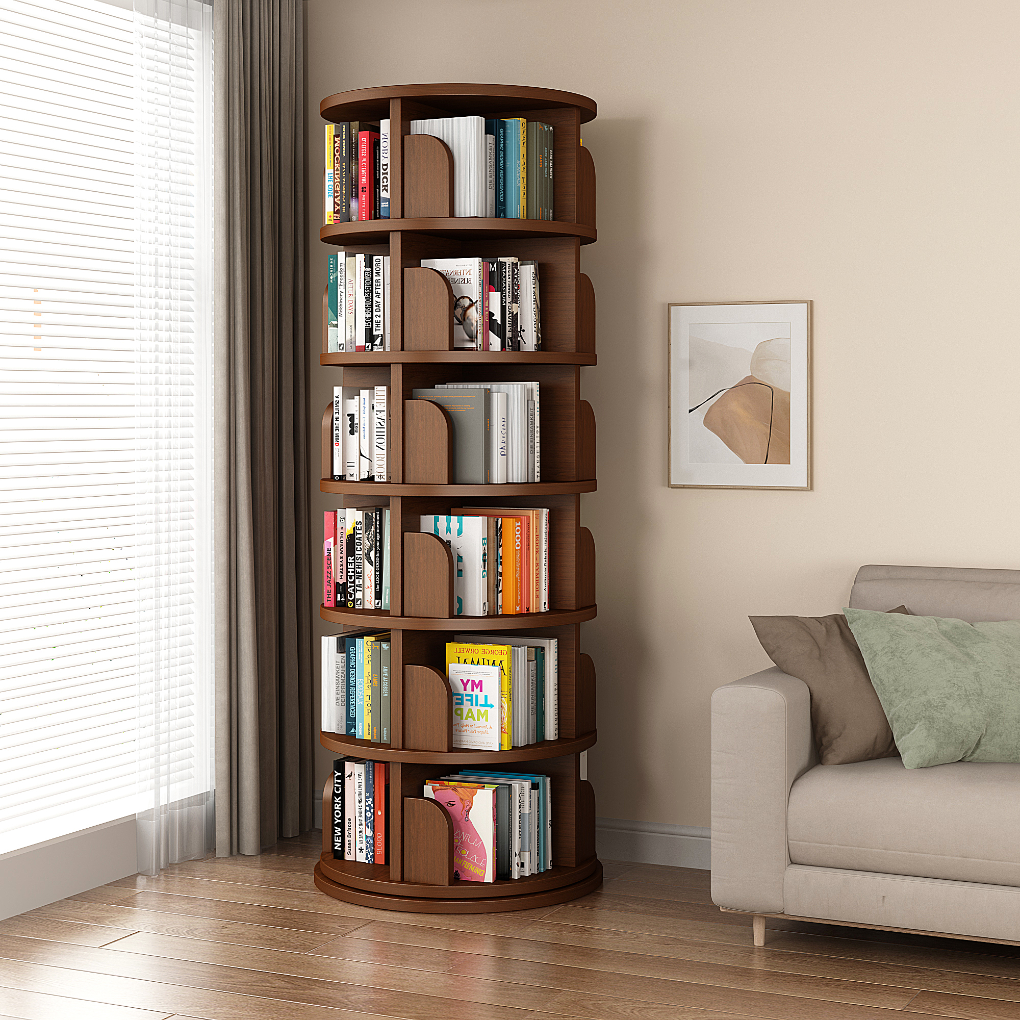 实木旋转书架360度书柜客厅孩童书报架一体靠墙收纳架落地置物架