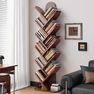 实木树形书架落地多层置物架客厅角落靠墙一体窄架子省空间小书柜