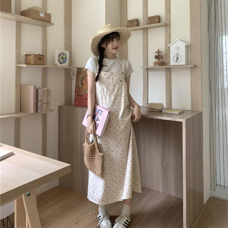 森系碎花牛仔背带裙女夏清新减龄裙子遮肚公主风宽松中长款连衣裙