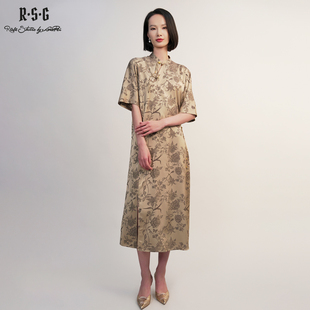 郭培成衣RSG「棕韵花笺」植物印花新中式连衣裙