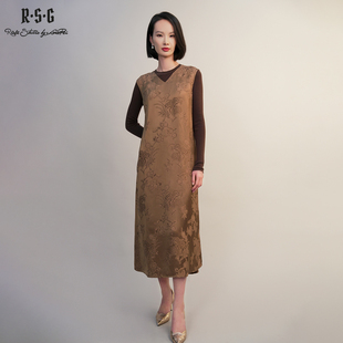 郭培成衣RSG「棕调暗纹」无袖长款连衣裙