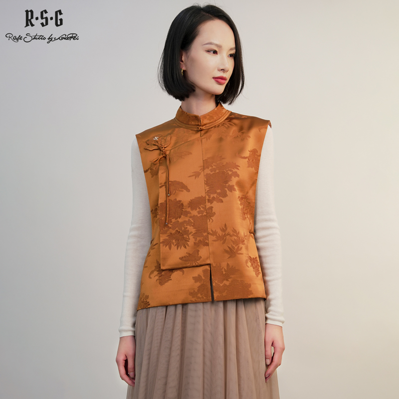 新中式斜襟玫瑰花盘扣马甲