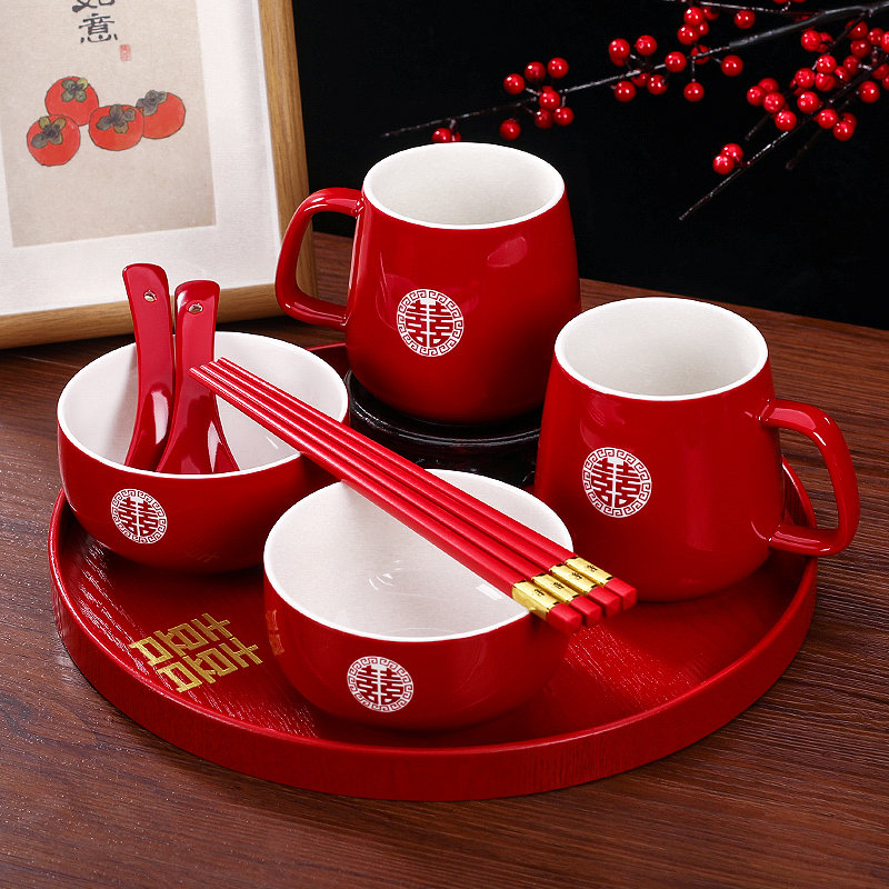 新娘碗筷喜碗一对敬茶杯结婚套装