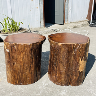 缅甸柚木墩根雕大板脚茶桌腿木桩凳子墩子高45直径37-40cm一对