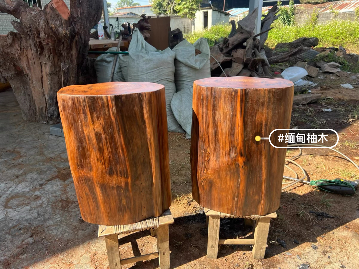缅甸柚木墩实木根雕凳子茶桌木桩原木树墩圆墩子高45直径22-32
