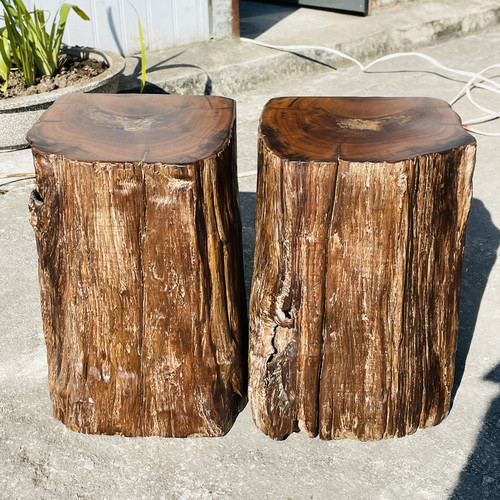 缅甸柚木墩实木根雕凳子茶桌凳木桩树墩墩子高43直径27-28cm一对