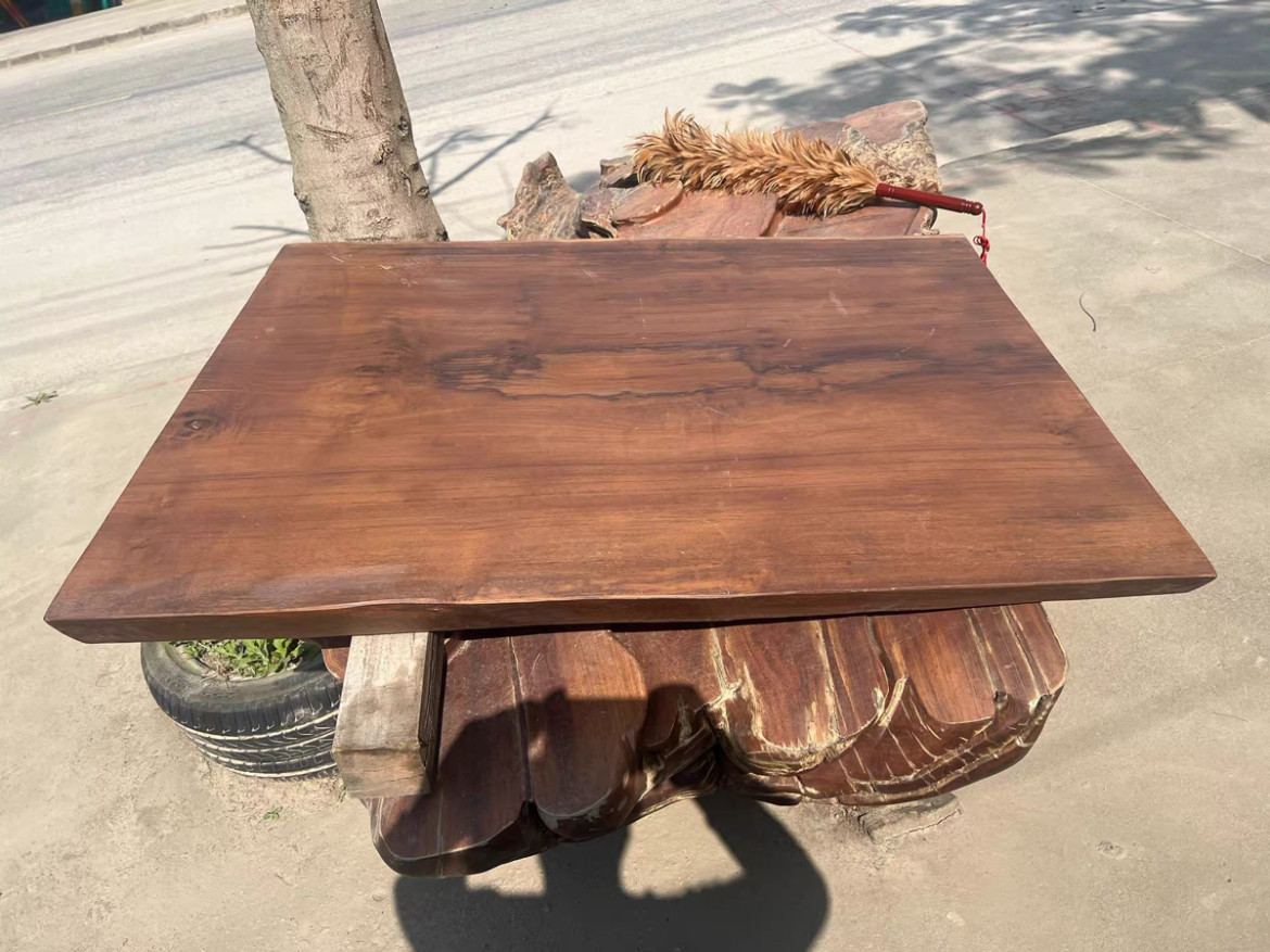 缅甸柚木板桌瓦城带黑线料桌面板干泡台茶几茶桌长109宽79-83厚8