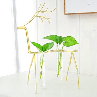 极速水培铁艺鹿创意欧式 玻u璃花瓶绿萝透明水养花器办公餐桌面装