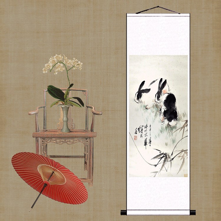 丝绸画卷轴挂画十二生肖装饰画兔子玄关招财画国画风水礼品可定制