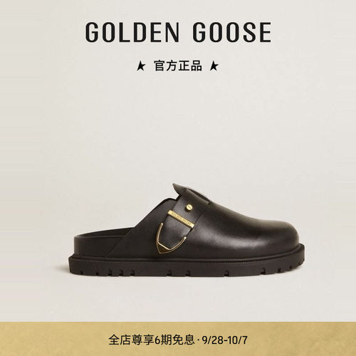 【新品】Golden Goose 女鞋 Lucy金属搭扣黑色皮革半拖鞋
