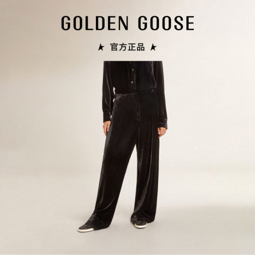 Golden Goose黑色天鹅绒效果阔腿休闲长裤女士GGDB