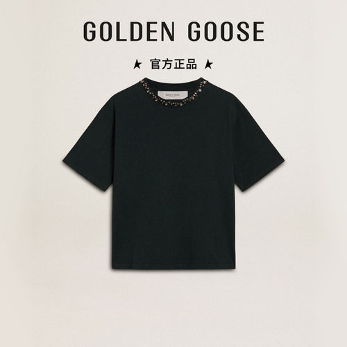 Golden Goose女士Golden仿水晶装饰黑色宽松休闲T恤