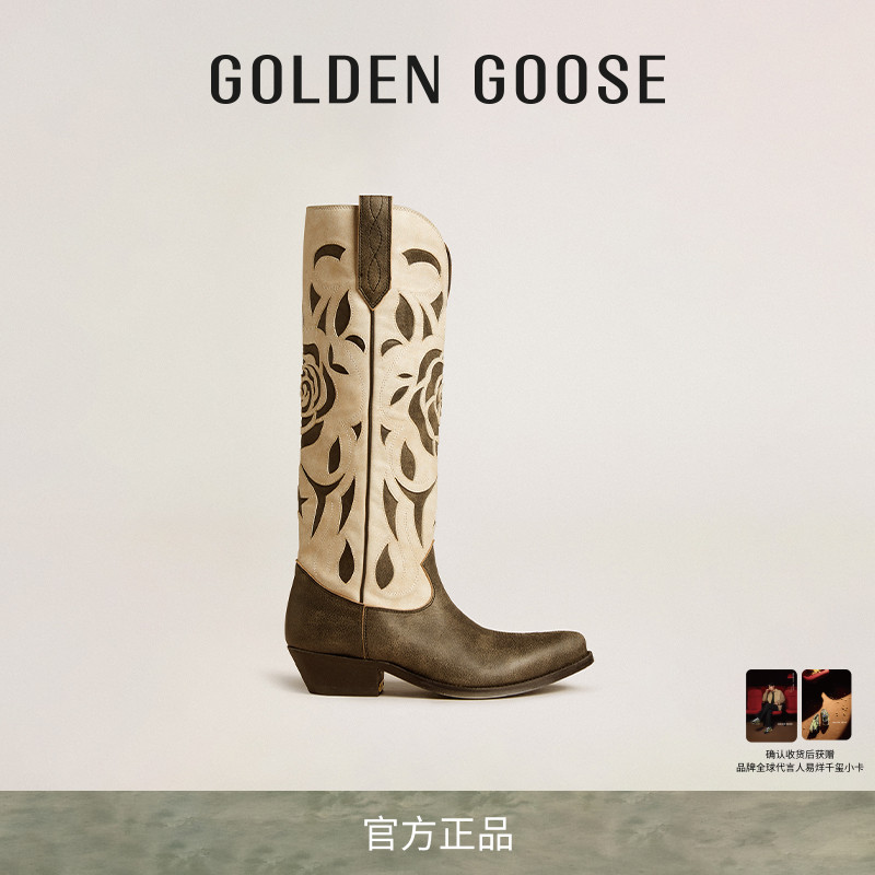 【新品】Golden Goose女WISH STAR黄色花纹女式长筒靴GGDB