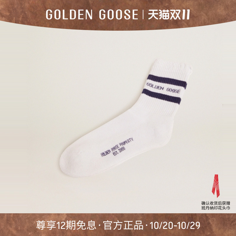 Golden Goose男女蓝色条纹白色字母复古中筒袜GGDB