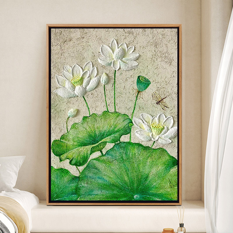 新中式荷花荷叶石英砂肌理画diy全套材料数字油画客厅玄关装饰画图片
