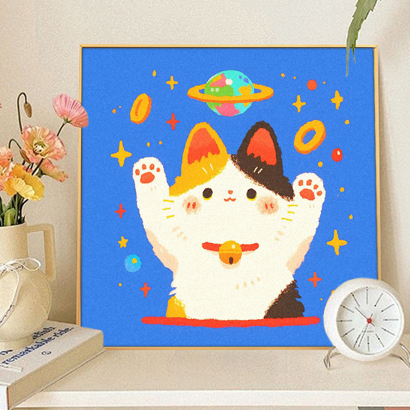 多巴胺星际小猫可爱三花猫手绘卡通DIY数字油画手工丙烯油彩装饰图片