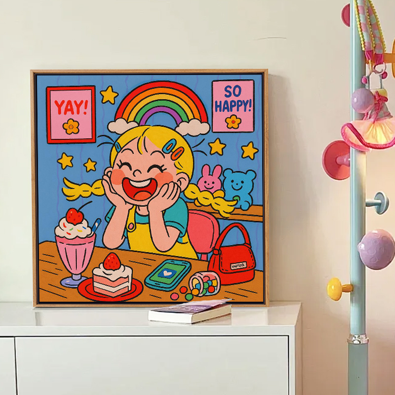 数字油画快乐女孩手工丙烯画可爱卡通diy客厅卧室玄关装饰画挂画图片