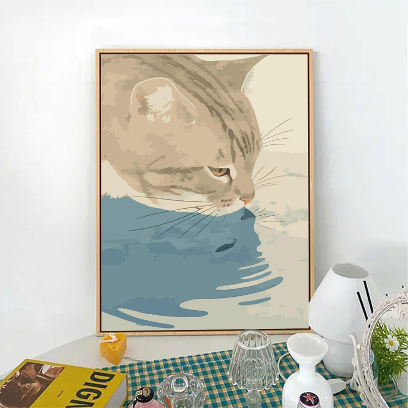 治愈小猫日系水彩风房间装饰画DIY涂色数字油画手绘全套工具挂画图片