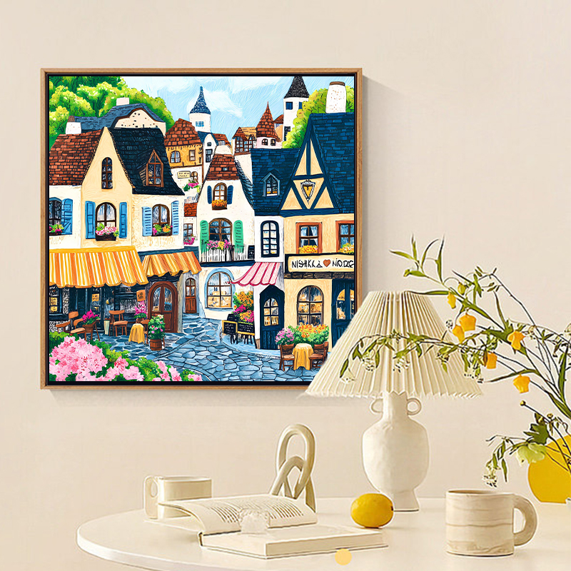 七彩小镇风景治愈系DIY数字油画