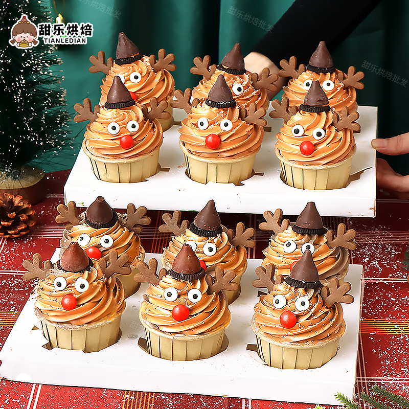 圣诞节麋鹿纸杯蛋糕装饰红色巧克力豆鹿角饼干甜品烘焙点缀插件