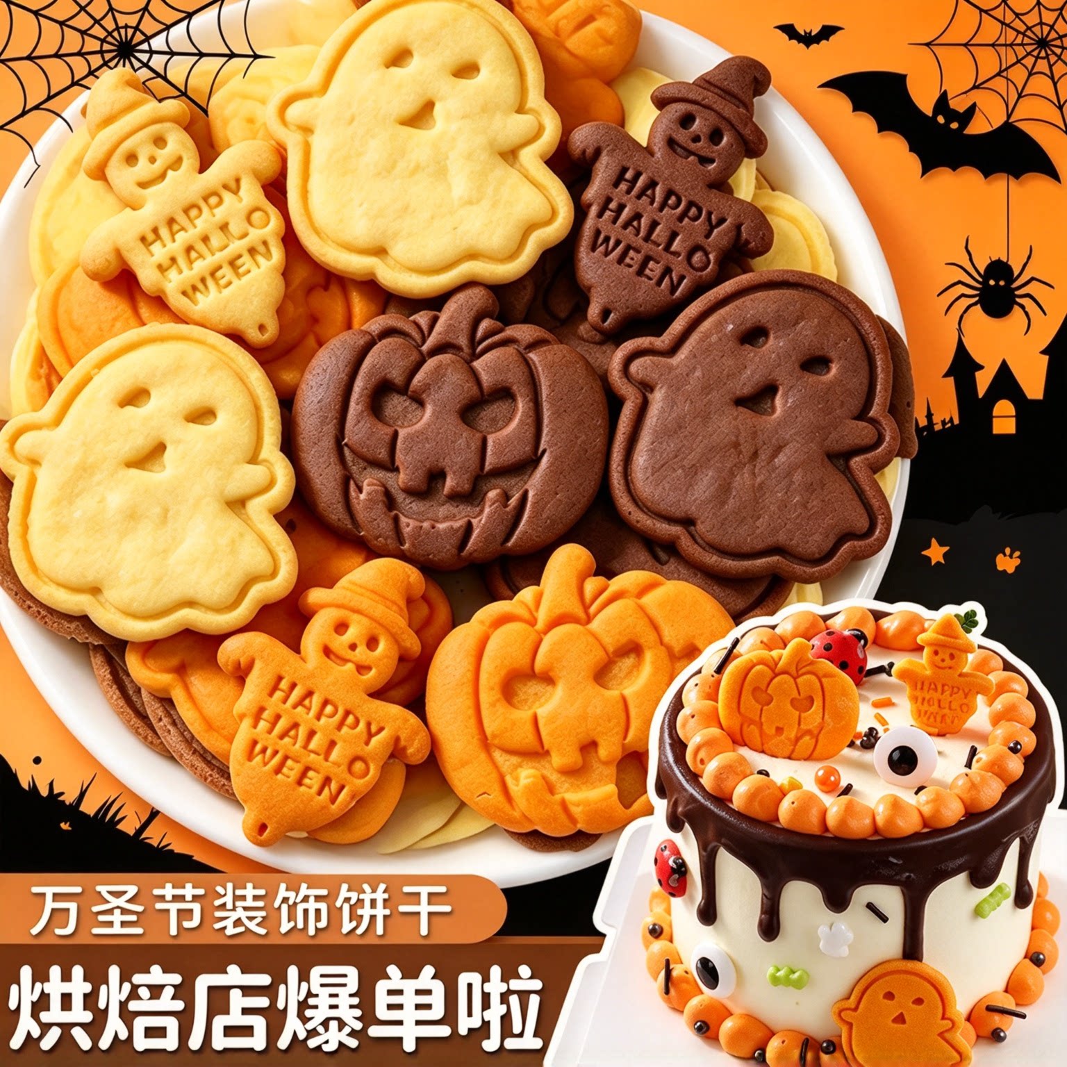 万圣节蛋糕装饰幽灵南瓜饼干搞怪骷髅蝙蝠造型曲奇甜品烘焙点缀