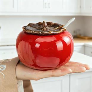 好柿长红辣椒油罐陶瓷调味罐调料盐罐子厨房带盖勺油泼辣子油瓷罐
