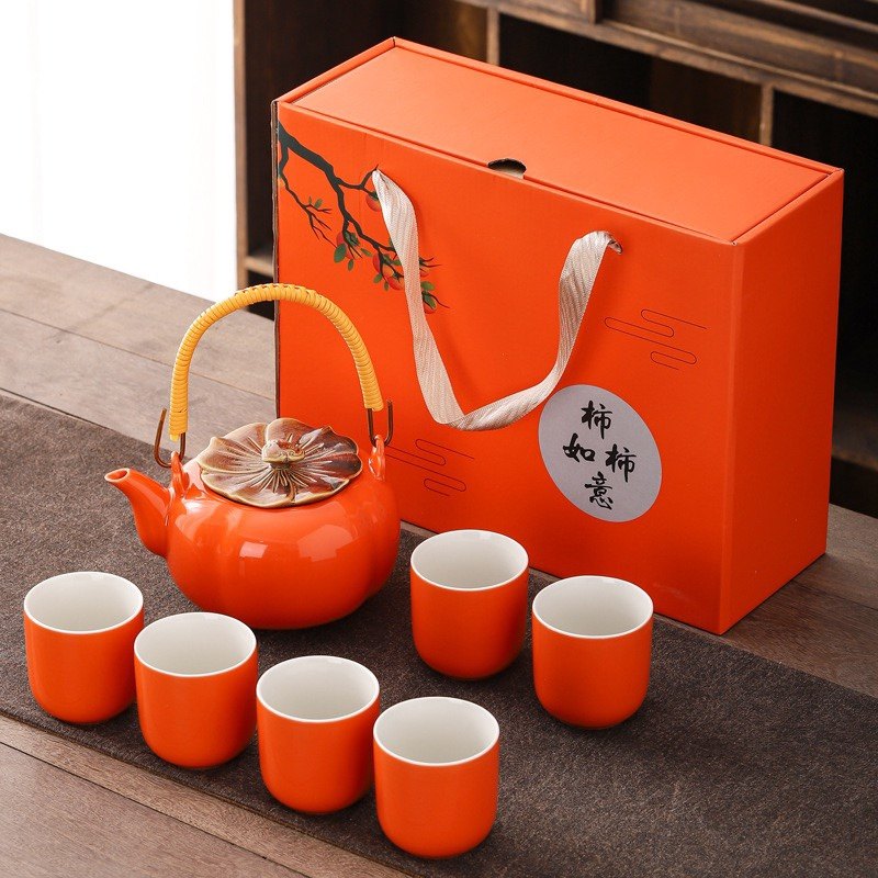 柿柿如意婚庆陶瓷茶具套装大容量泡茶壶提梁壶商务礼盒装伴手礼,餐饮具,功夫茶具,淘宝优惠券,粉丝福利购,淘宝优惠卷