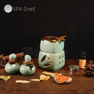 泰国进口温油工具墨绿陶瓷复古精油加热炉闻香瓶spa美容院水疗