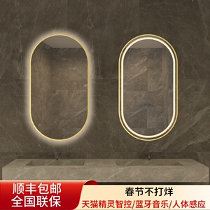 智能镜金框椭圆形LED带灯卫生间镜子壁挂浴室镜梳妆镜洗手间镜子