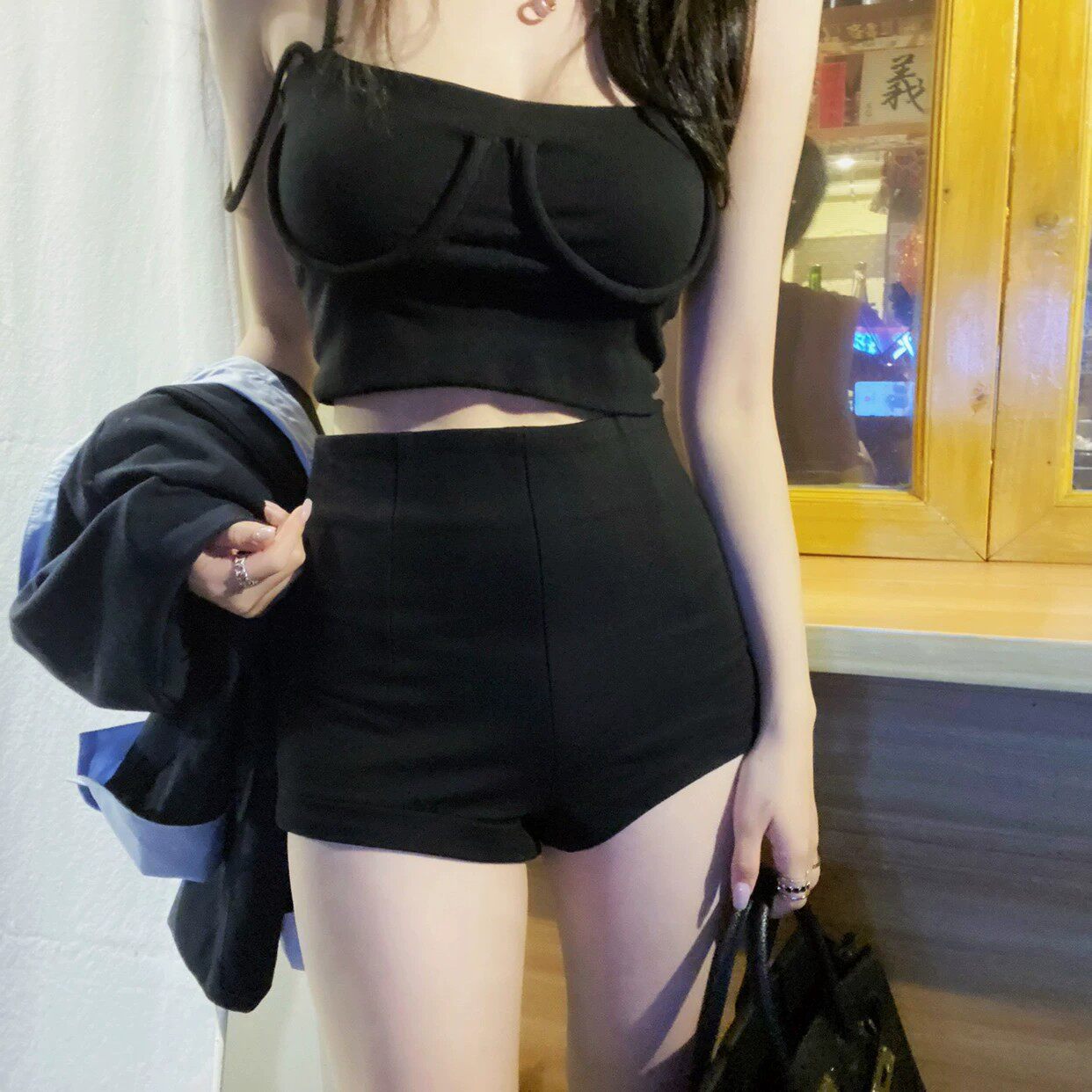 Eva君君酱高腰显瘦外穿短裤紧身打底裤女黑白两色百搭收腹西装裤