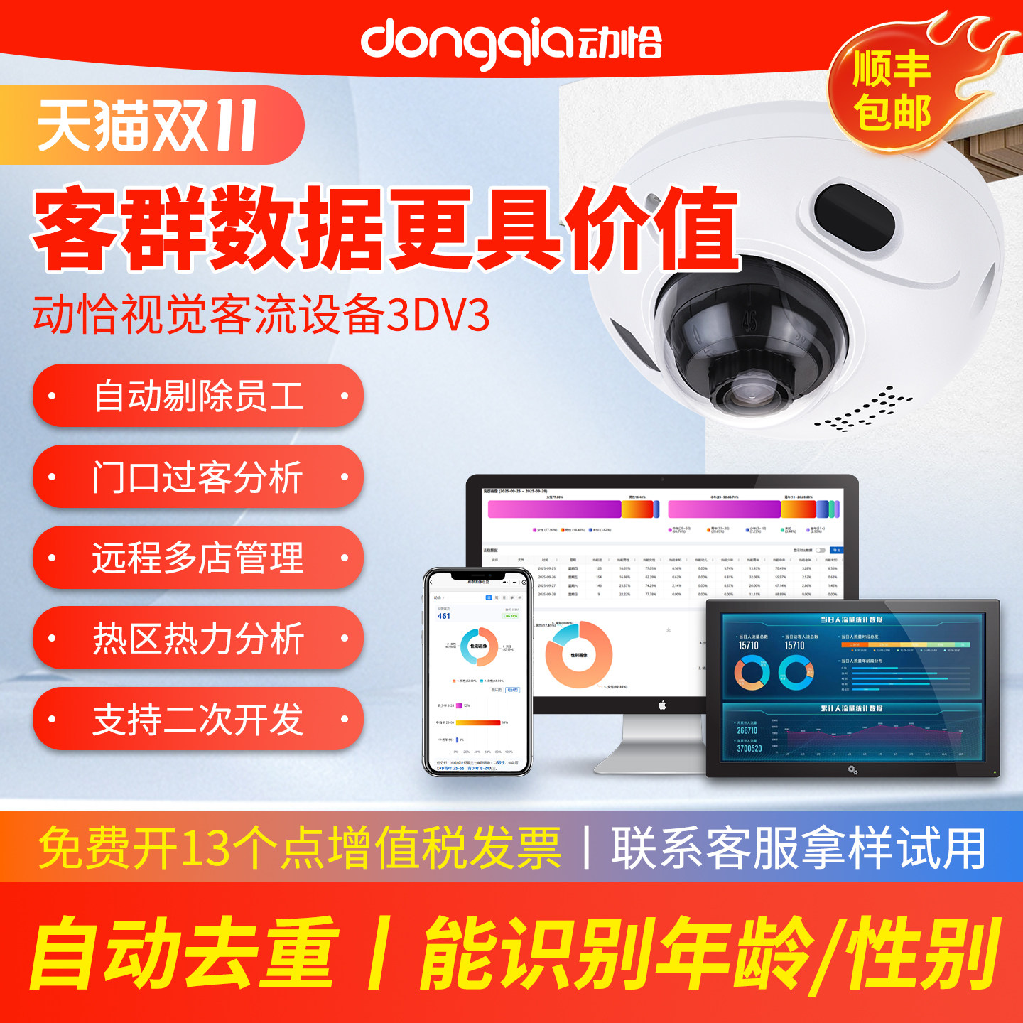 动恰去重客流量统计系统门店商场人数年龄性别分析计数器景区3DV3