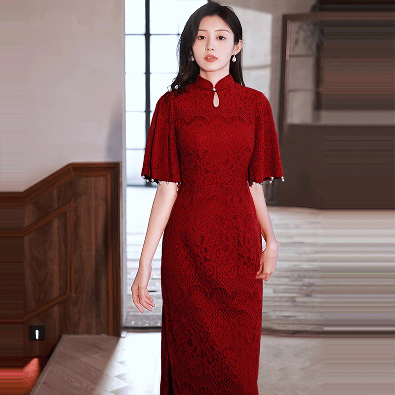 中式改良旗袍2025新款新娘结婚敬酒服订婚礼服女酒红色回门连衣裙