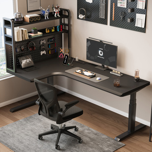 转角式电动升降桌卧室家用L型办公桌工作台双人书桌实木电脑桌子